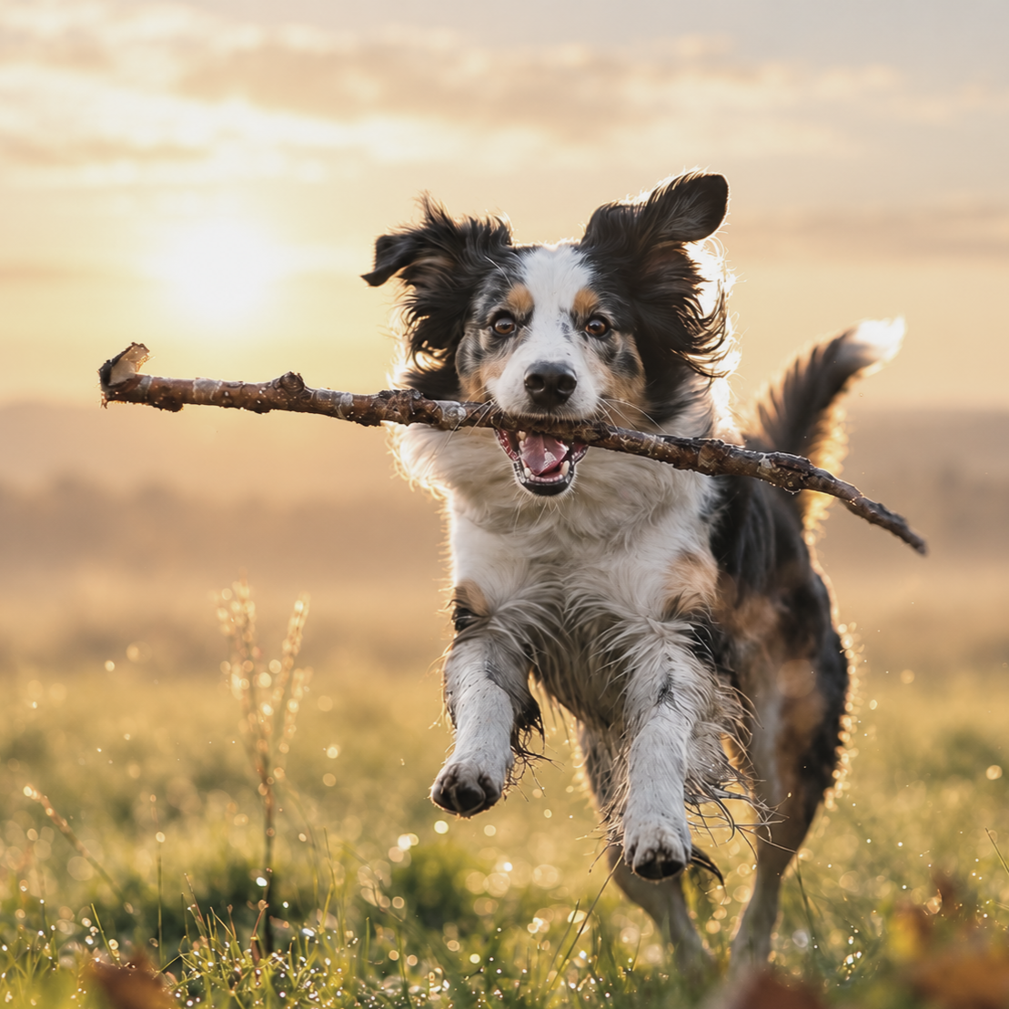 Black-and-white dog running toward camera with a stick in a sunlit grassy field