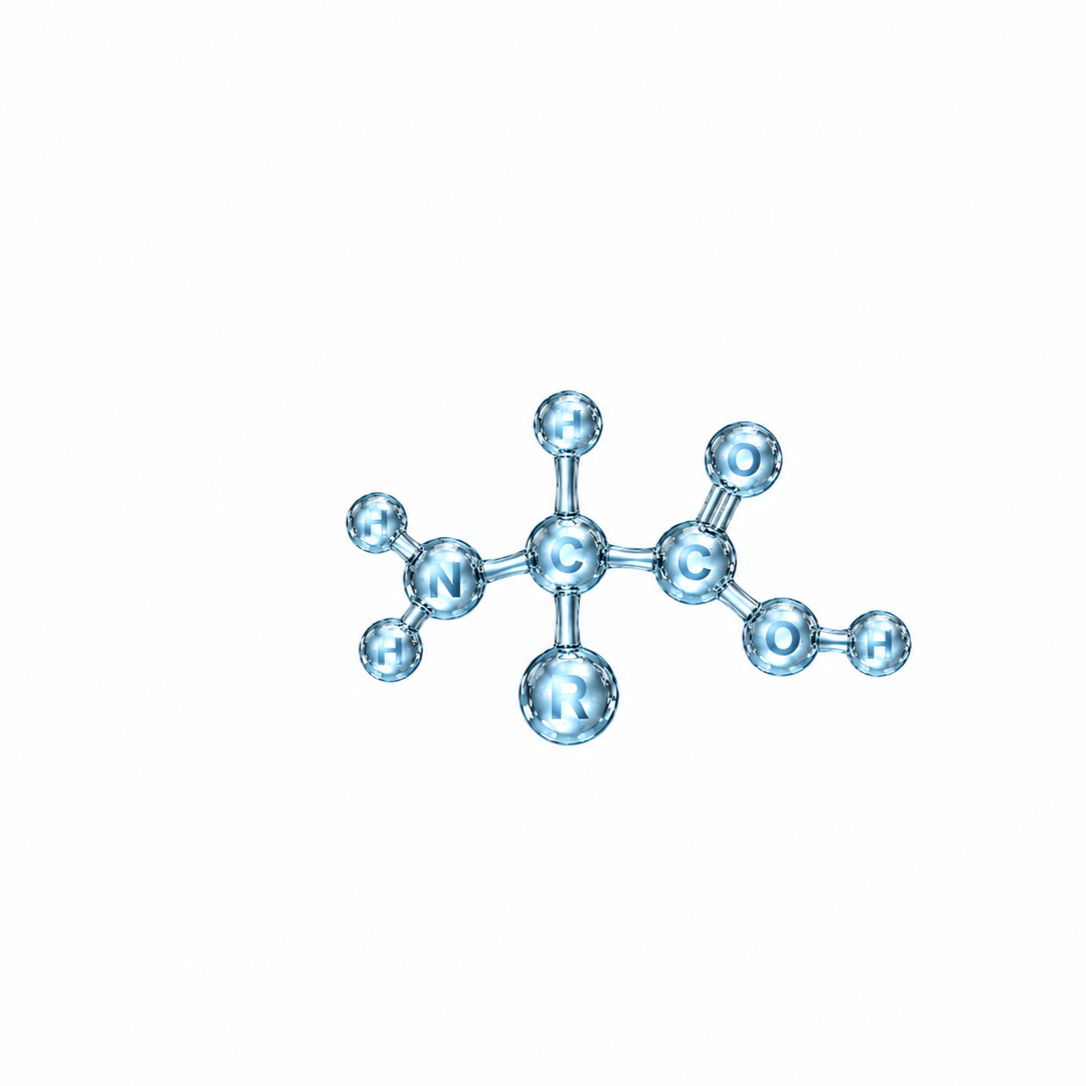 Blue molecular model with connected spheres on a white background