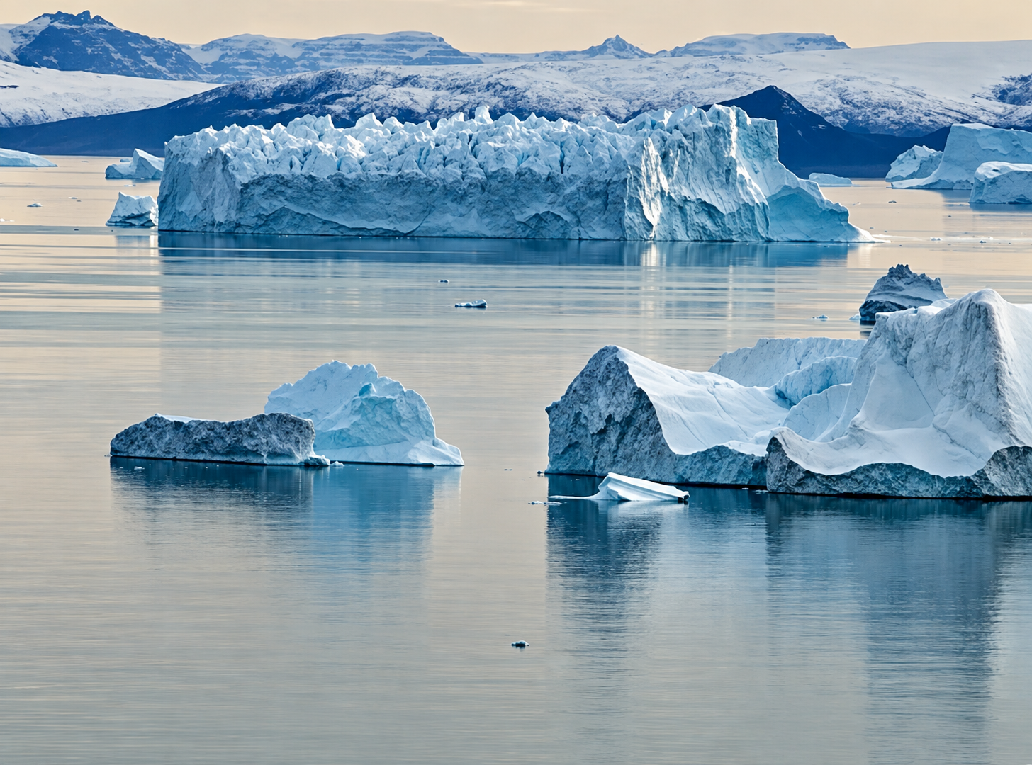 Icebergs floating on calm water with snowy mountains in the background