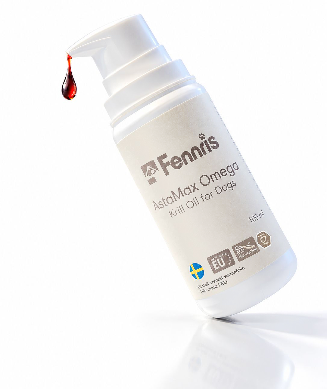 White pump bottle of Fennris Pets krill oil with a red droplet on the dispenser tip