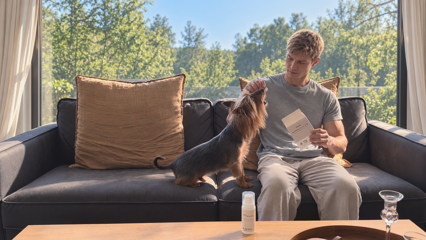 Dog on a couch reaching up to a seated person in a bright living room with a forest view