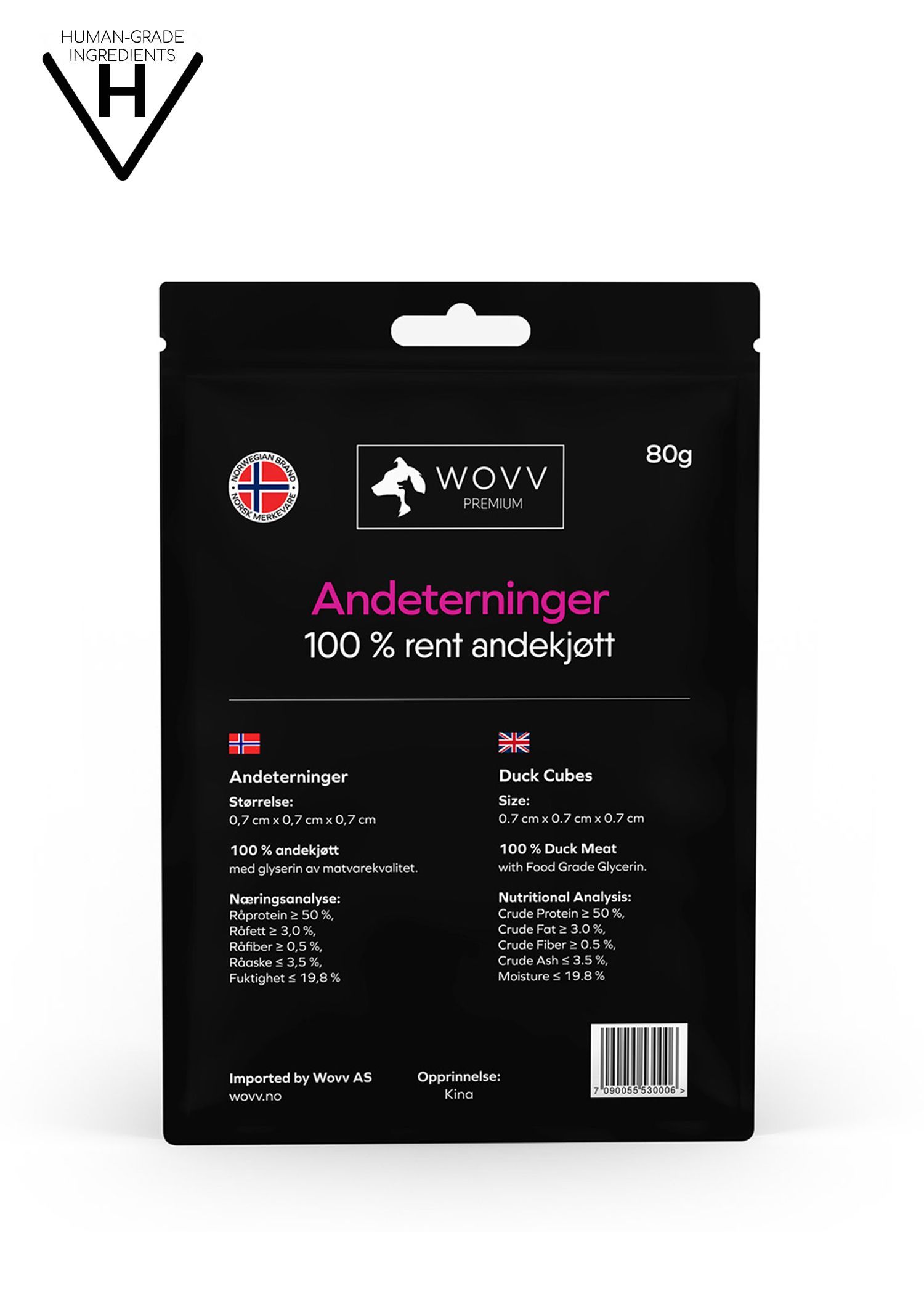 Black and pink premium dog treat bag labeled “Premium Snacks 100% Duck Meat”