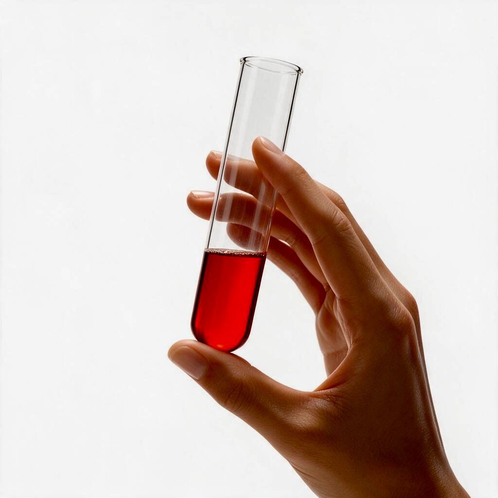 Hand holding a test tube with red liquid against a white background