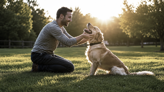 Man kneels on grass playing with a golden dog in a sunlit park at sunset