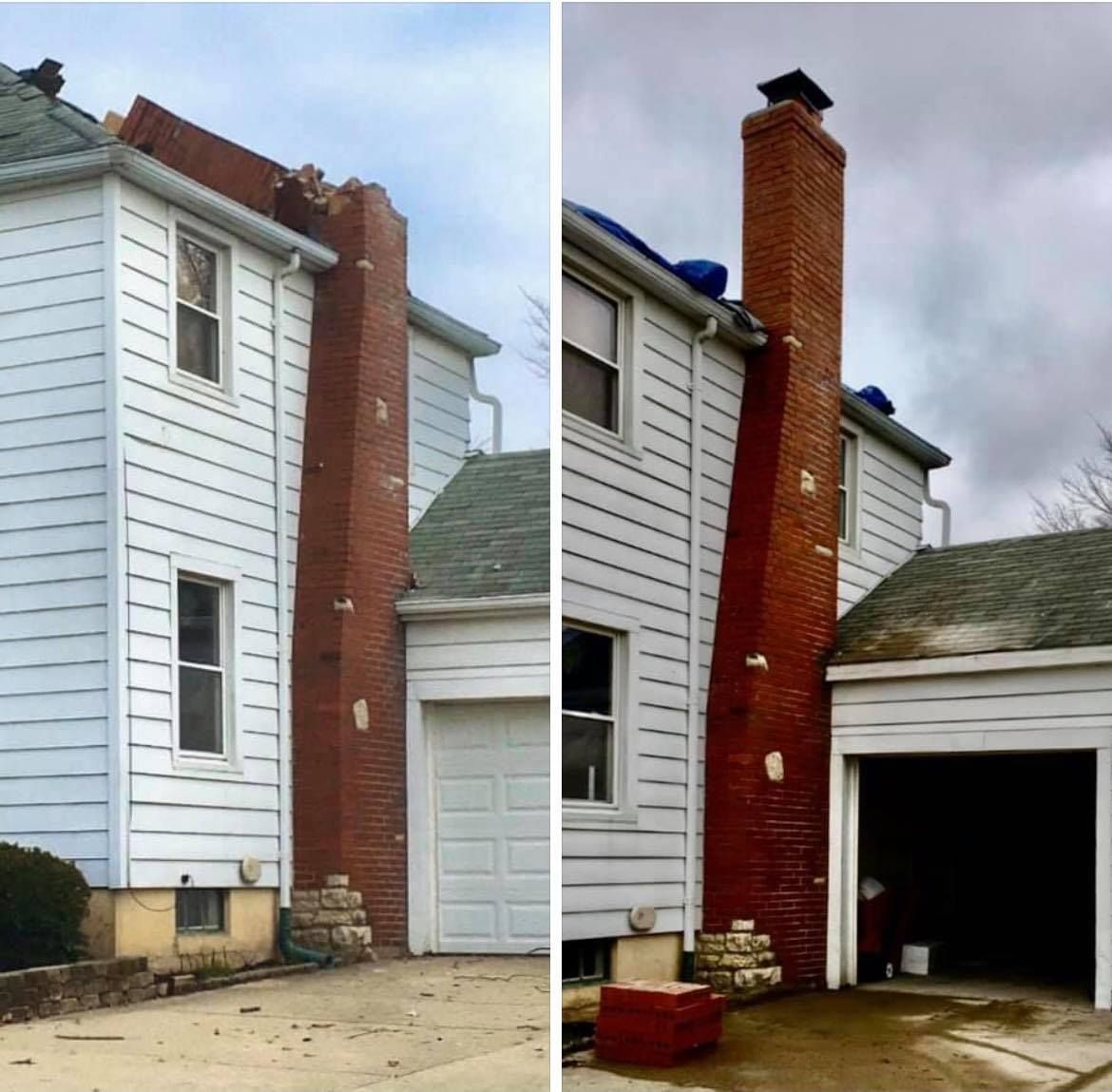 A before and after photo of a house with a brick chimney