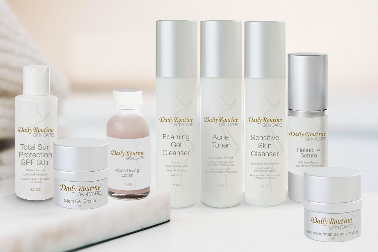 lineup of Daily Routine Skin Care Acne Products
