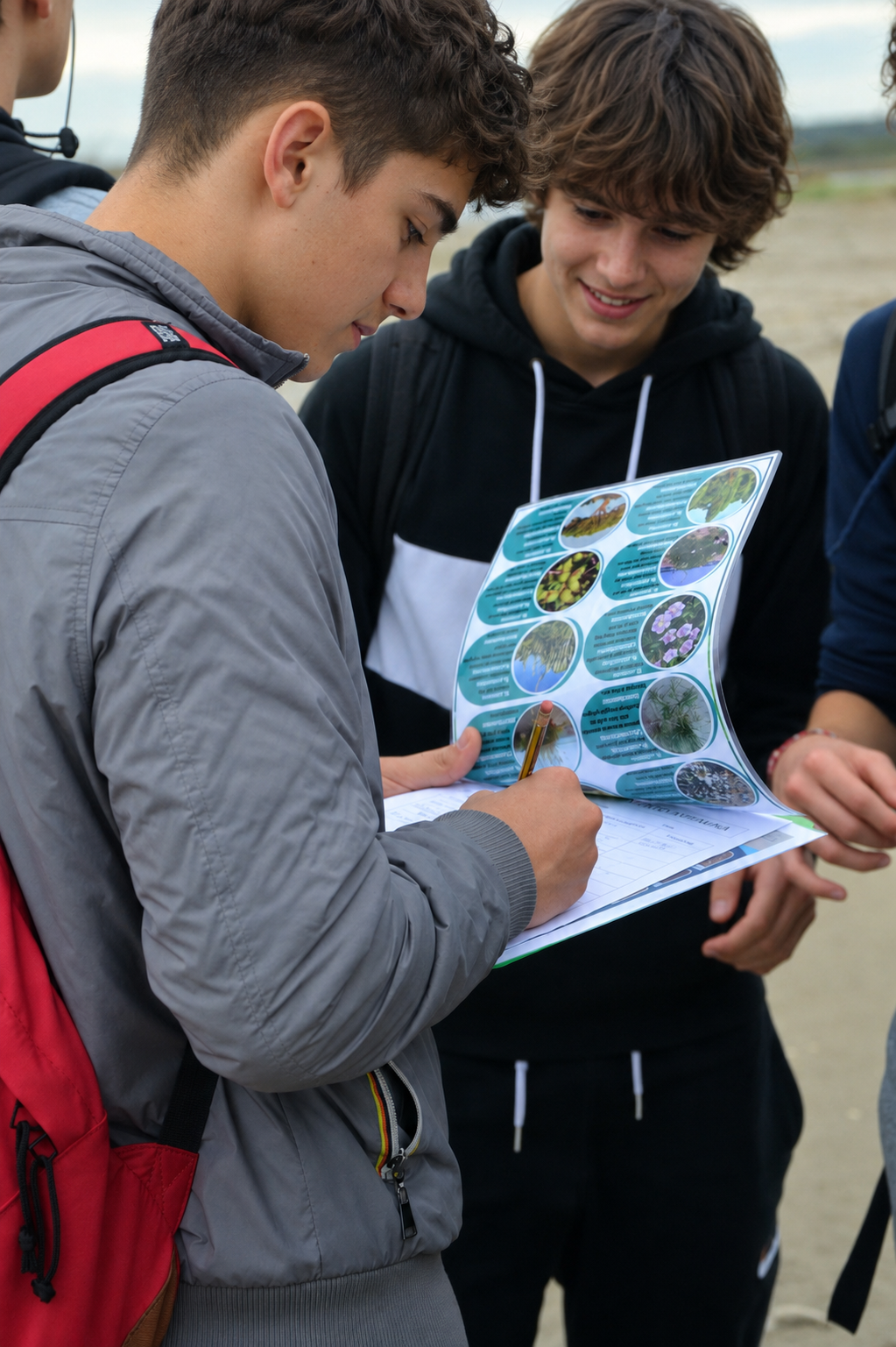 Due studenti all’aperto che osservano una scheda di identificazione degli uccelli durante un'attività didattica di birdwatching, mentre uno dei due scrive su un quaderno.
