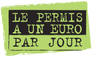 A green sign that says le permis a un euro par jour