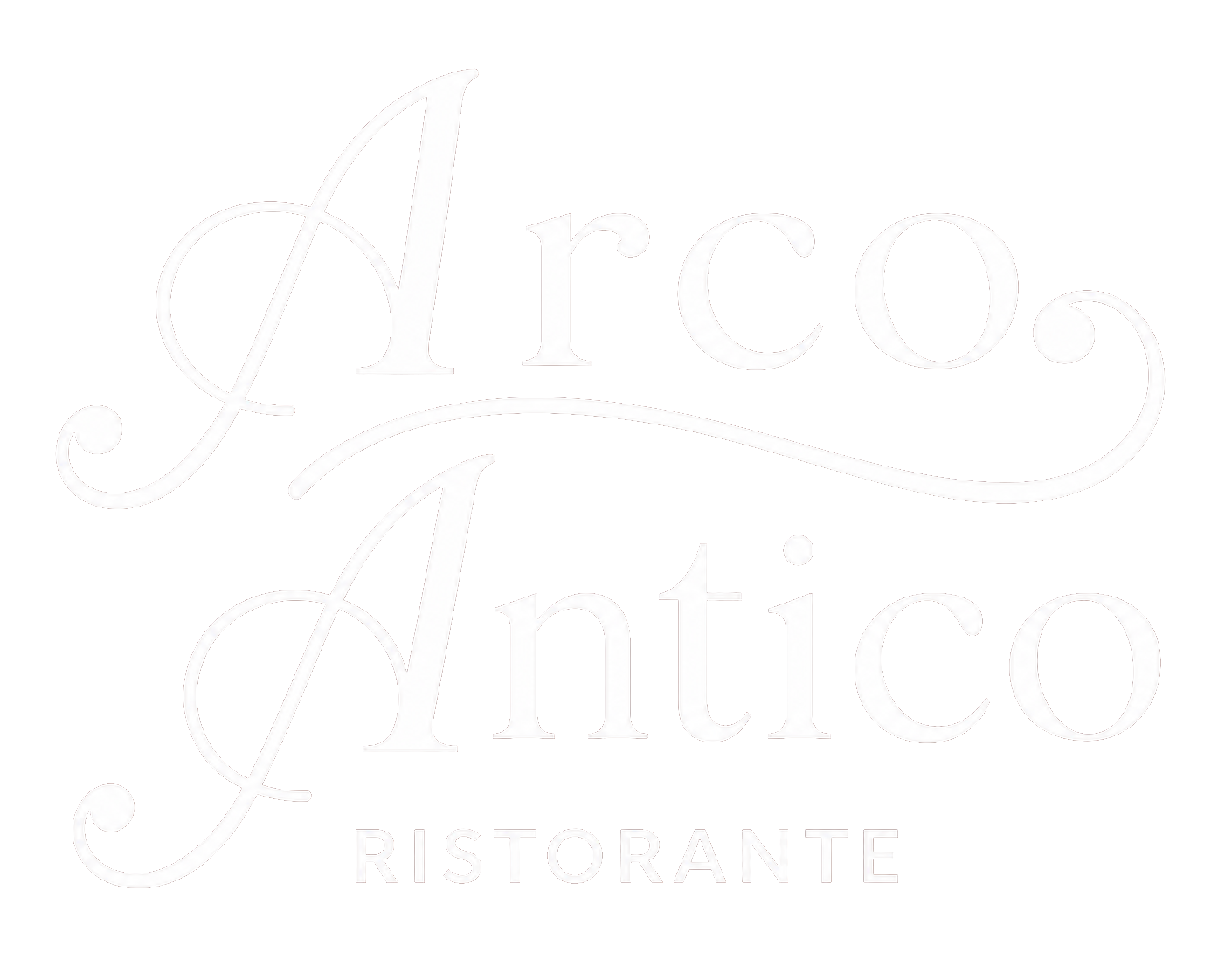 Logo Antico Ristorante in bianco tenue su sfondo chiaro con scritta decorativa e illustrazione di un cappello da chef.