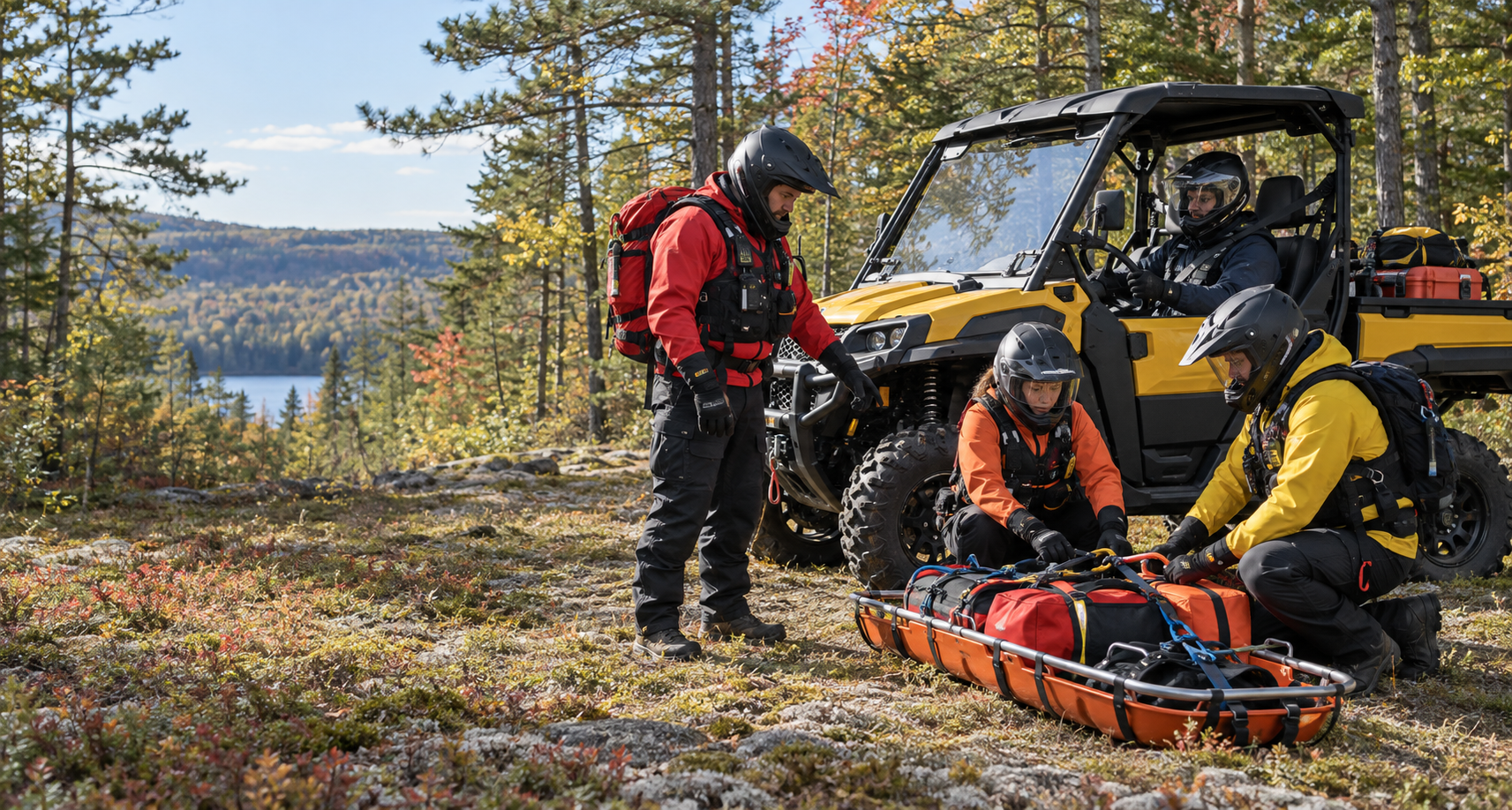 Instructor and helmeted responders practise rescue-equipment handling beside an athletic-gold UTV in an Ontario forest training area