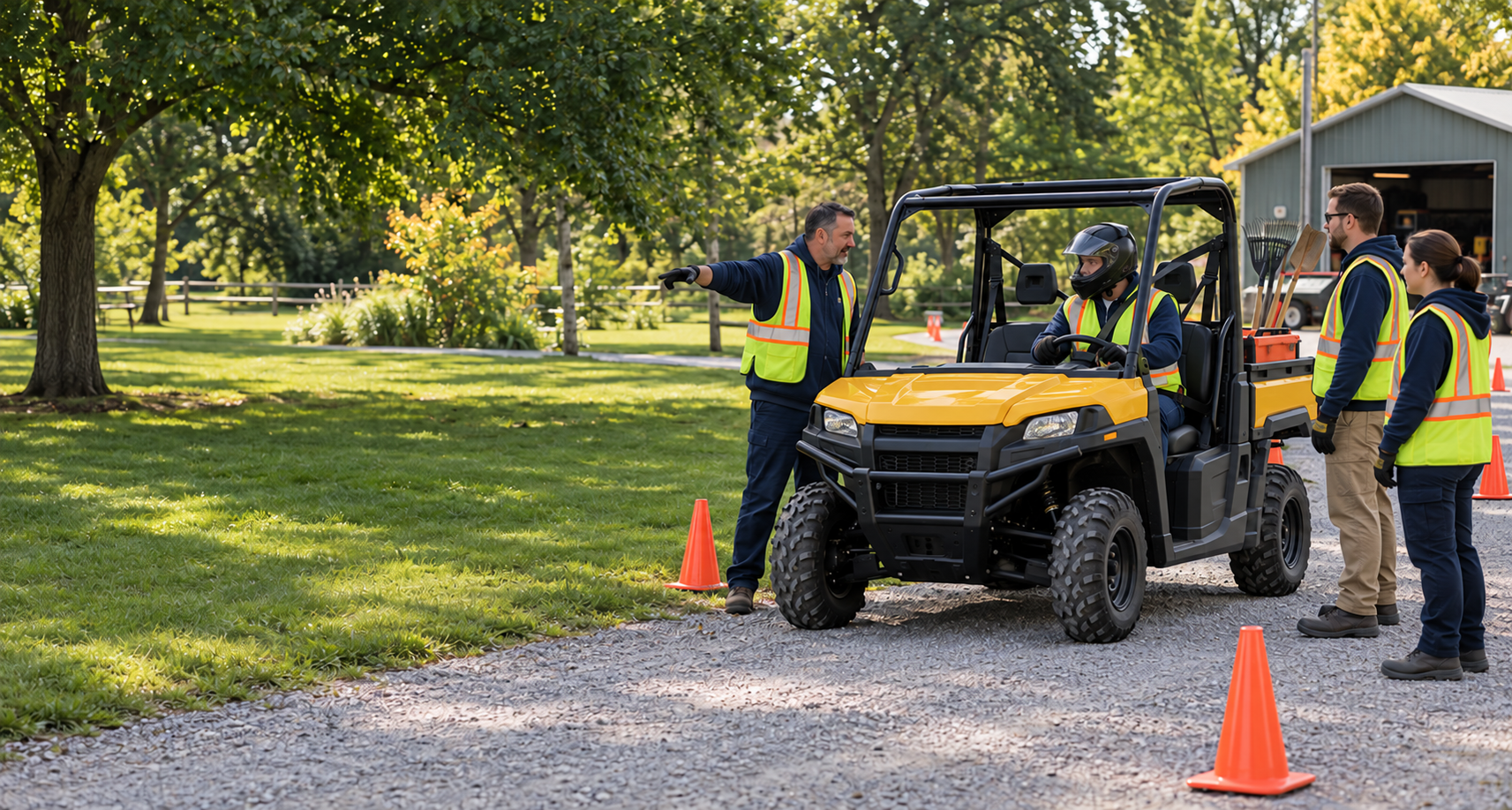 Instructor guiding municipal public works staff beside an athletic-gold UTV at a park maintenance yard, with a helmeted driver and training cones.