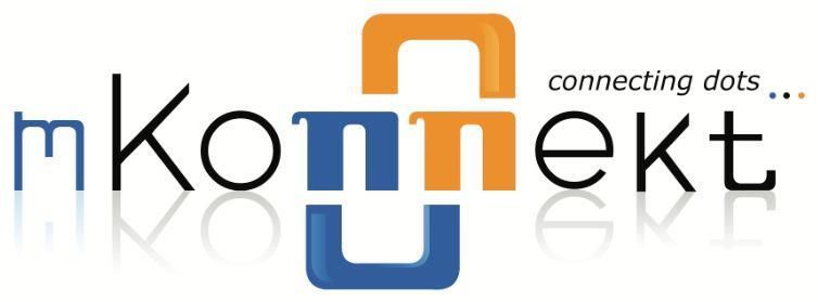 Logo of mKonnect with a blue and orange interlocking square design and the tagline 