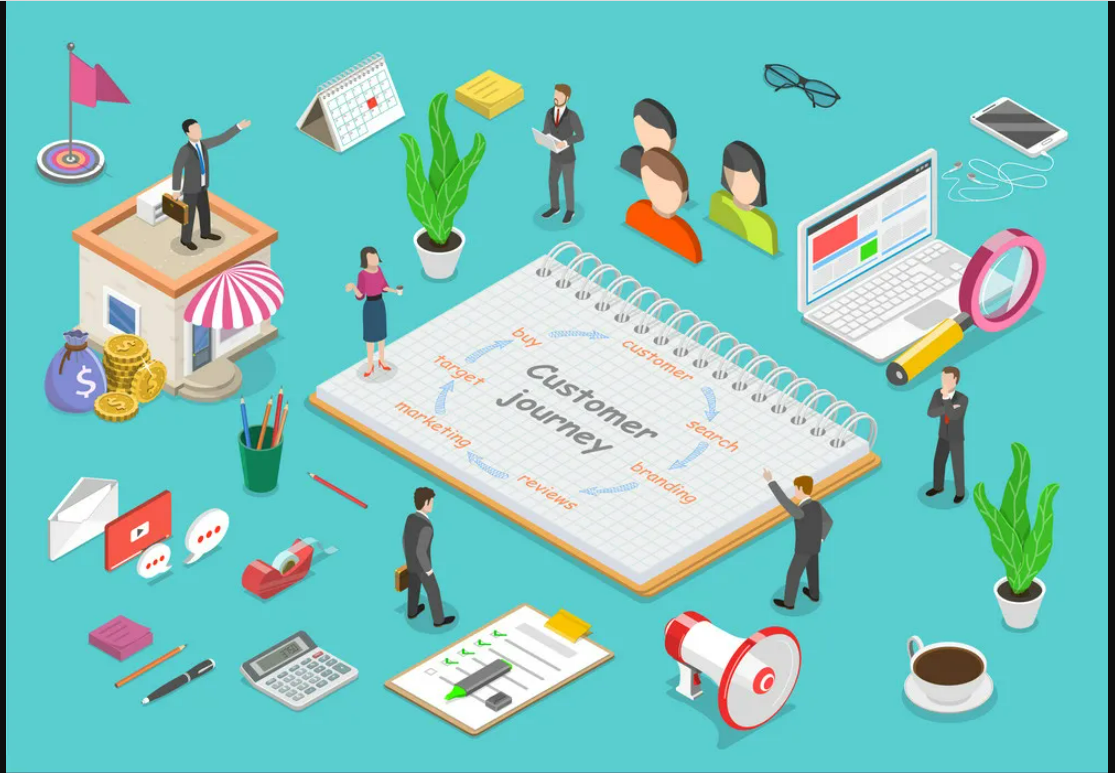 Isometric view of business people around a notebook illustrating the customer journey, with related icons.