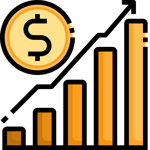 Coin with dollar sign, graph with upward trend and bar chart showing financial growth.