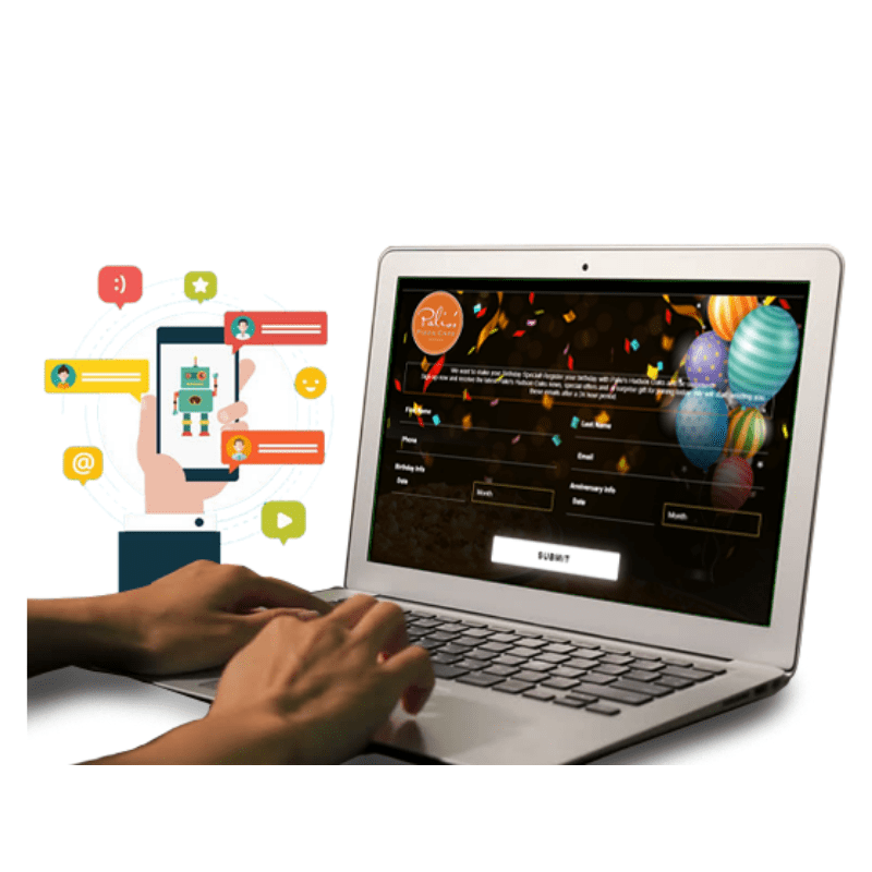 Person typing on a laptop with a form on the screen, a phone with social media icons to the side.