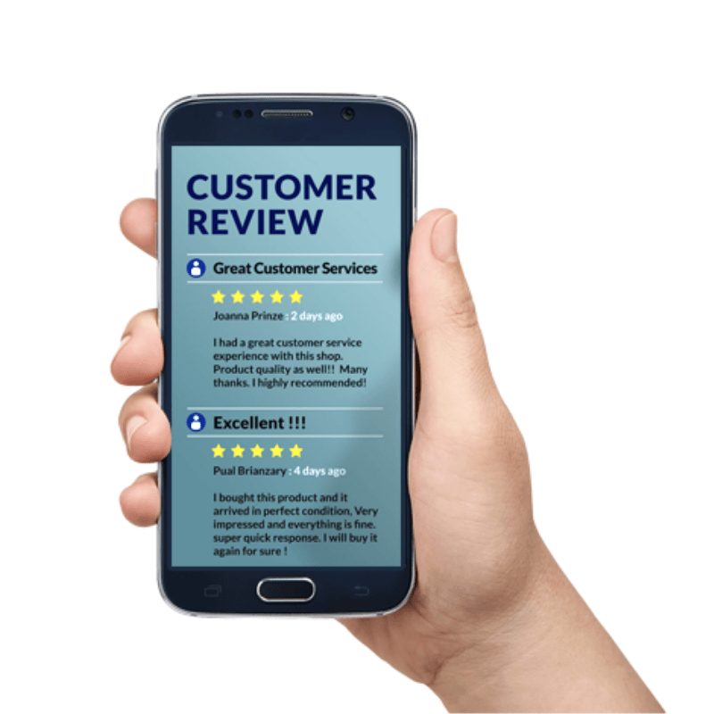 Hand holding a smartphone displaying customer reviews with five-star ratings and positive comments about product and service quality.
