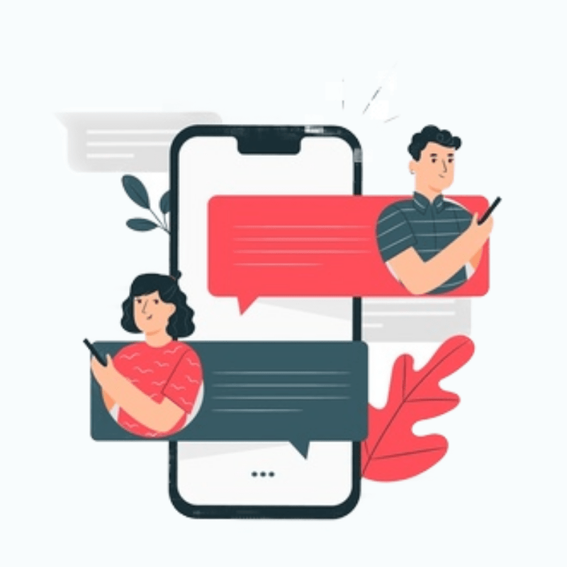 Two people using phones, texting. Speech bubbles in red and dark gray over a smartphone.