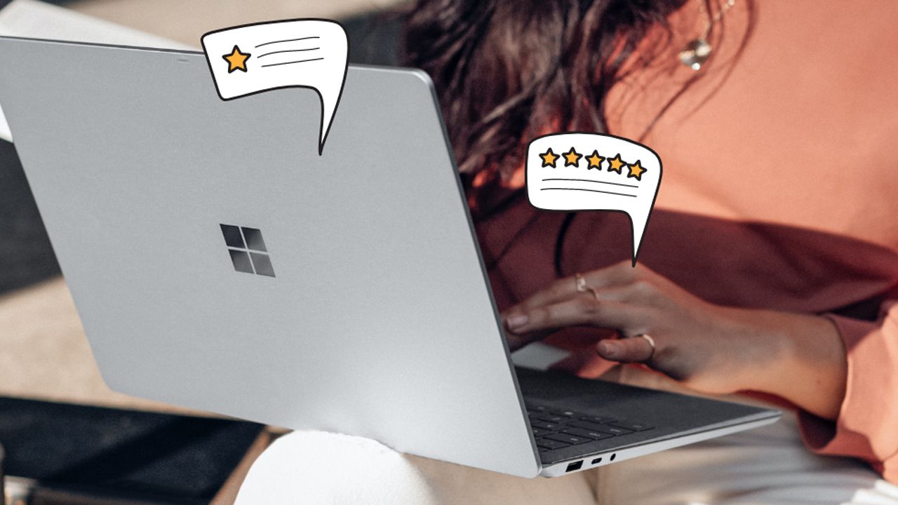Person using a laptop, review bubbles with star ratings.