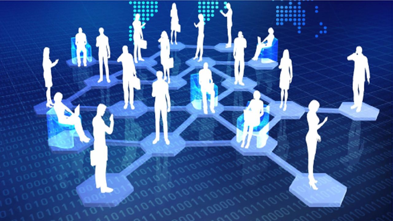 Silhouetted figures on connected hexagonal platforms, global network visualization with blue and white accents.