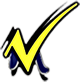 Yellow checkmark with blue accents; stylized letter 
