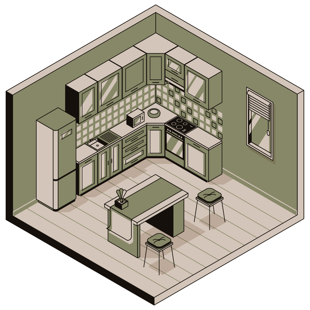 An isometric drawing of a kitchen with a stove and refrigerator