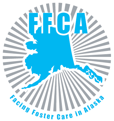 FFCA logo with blue Alaska silhouette and gray sunburst, reading &ldquo;Fostering Foster Care in Alaska&rdquo;