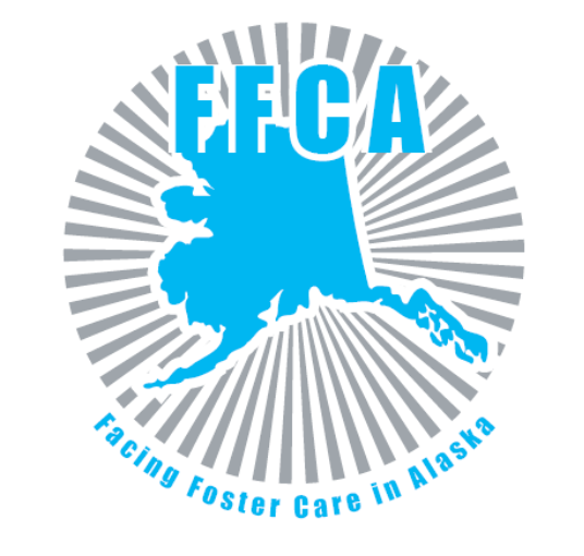 FFCA logo: blue Alaska silhouette with gray radiating lines and “Facing Foster Care in Alaska” text
