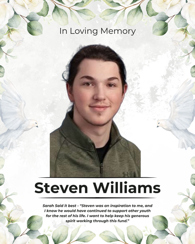 Memorial portrait of Steven Williams with floral border and “In Loving Memory” text