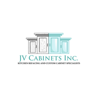 A logo for jv cabinets inc. kitchen refacing and custom cabinet specialists.