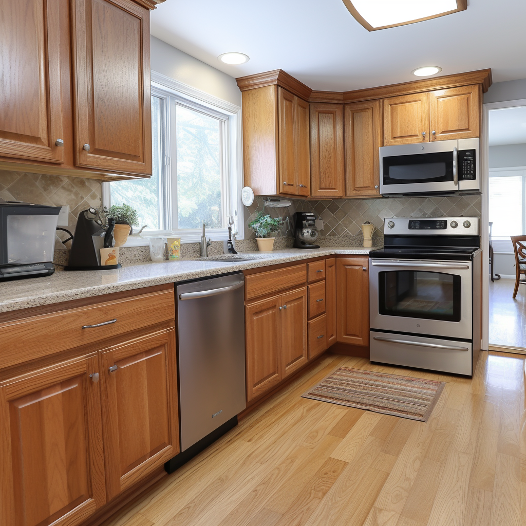 A kitchen with wooden cabinets and stainless steel appliances