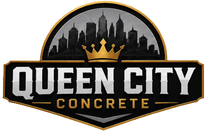 Queen City Concrete logo with gold crown and black city skyline over bold text