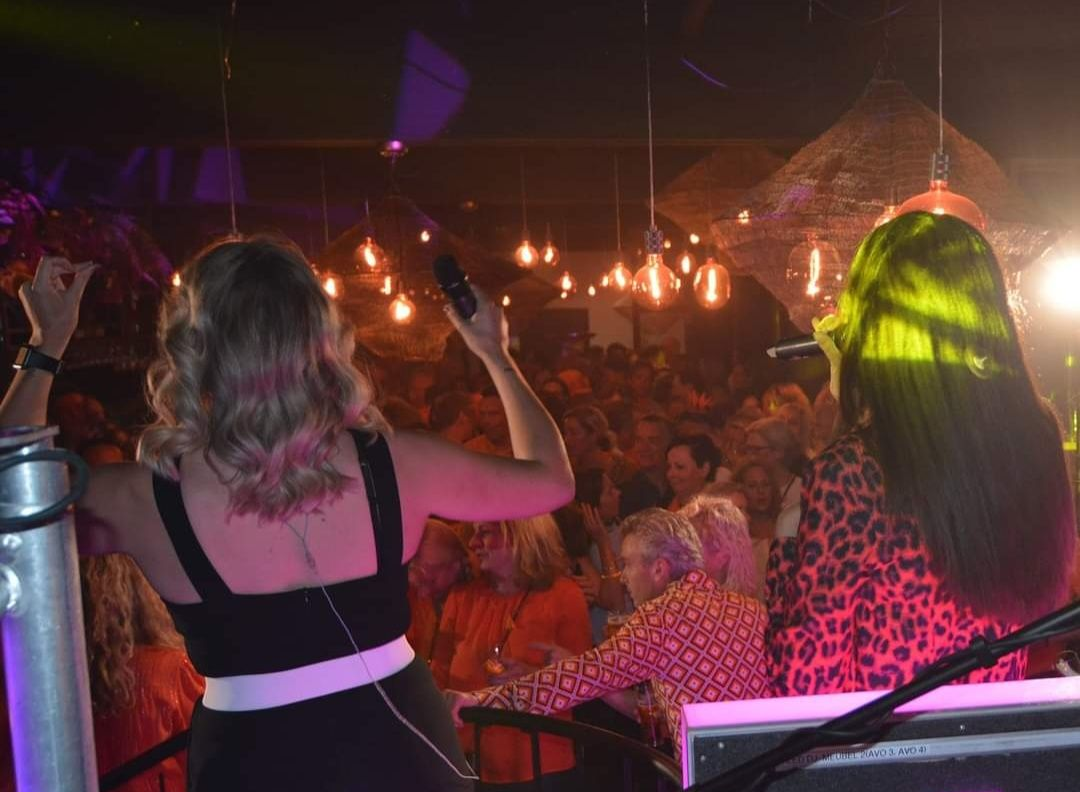 Twee artiesten, van achteren gezien, staan ​​op een verlicht podium en kijken naar een volle nachtclub.