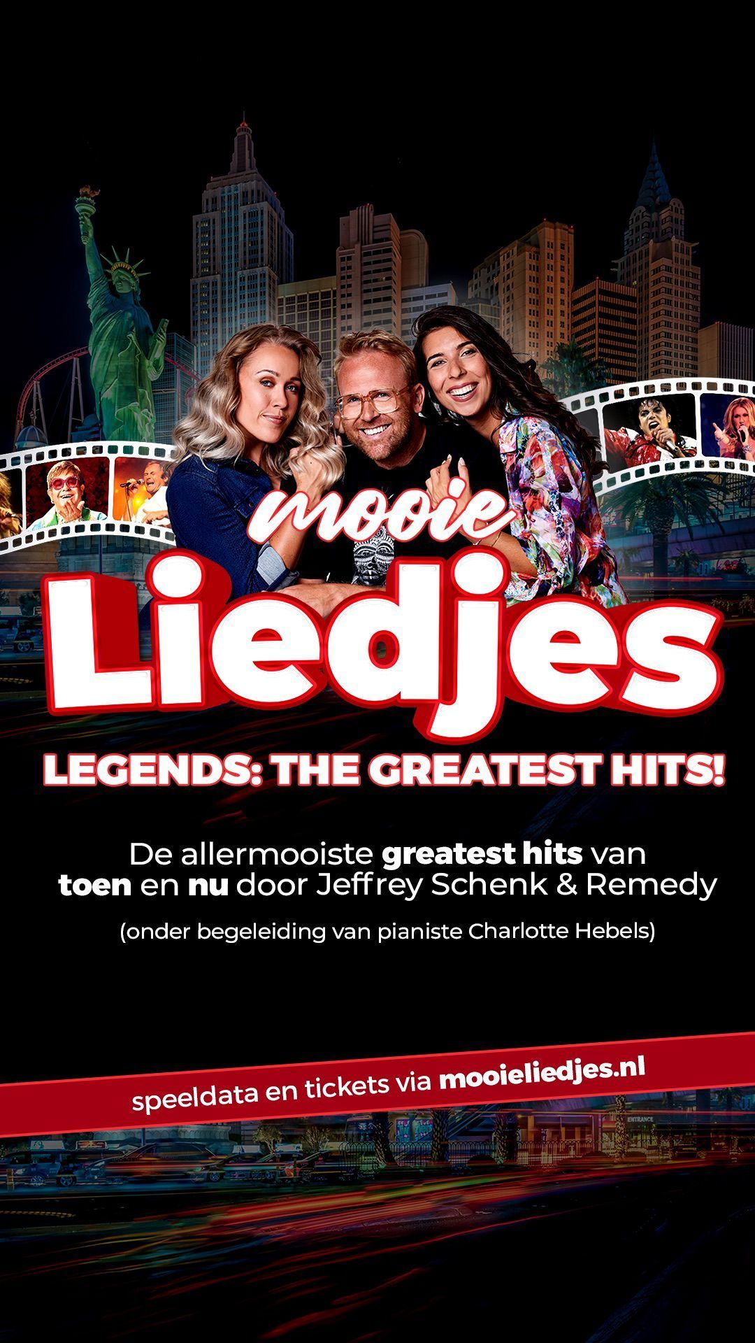 Promotieposter voor “Liedjes” met drie lachende mensen voor een stadsgezicht en felle lichten.