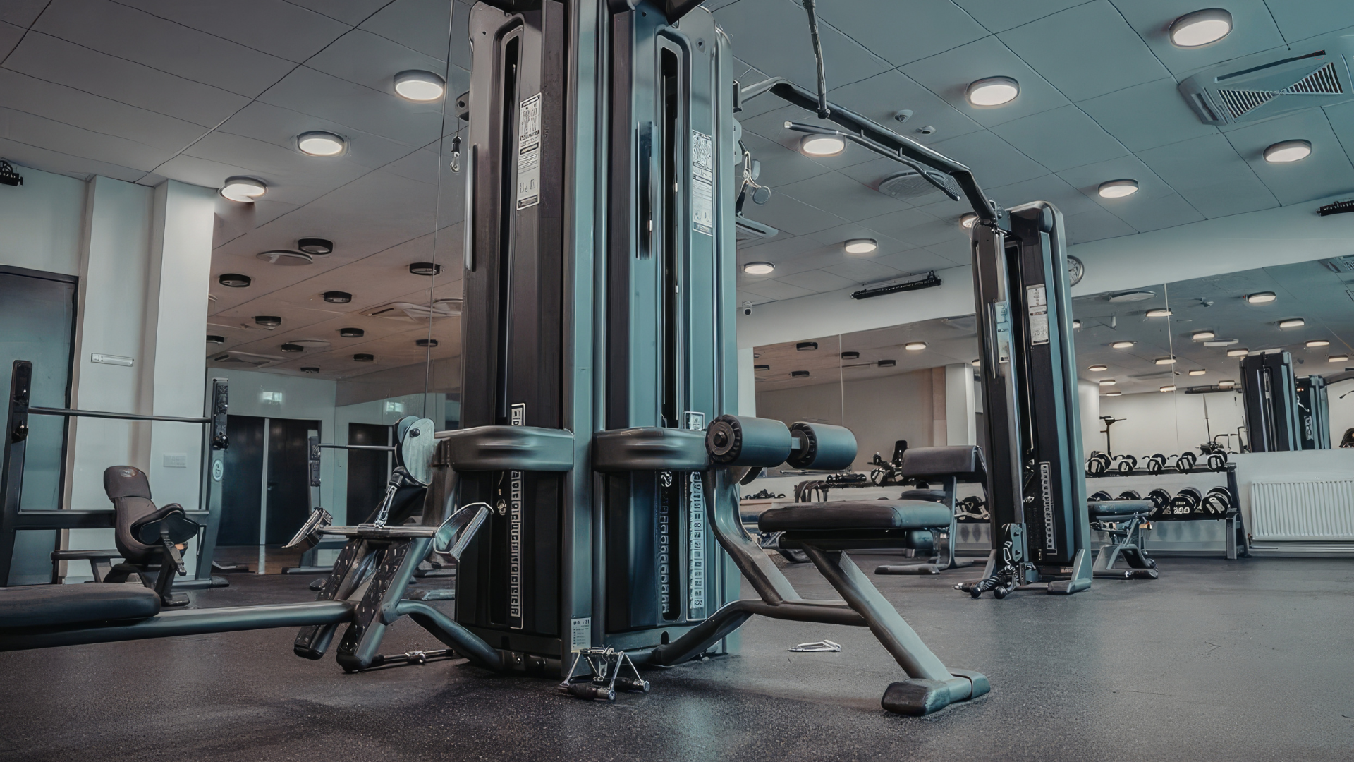 Fitness gym interior showcasing strength training machines with mirrors and proper lighting.