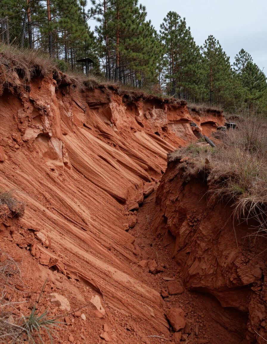 Eroded red clay hillside with exposed slope and pine trees along the top edge