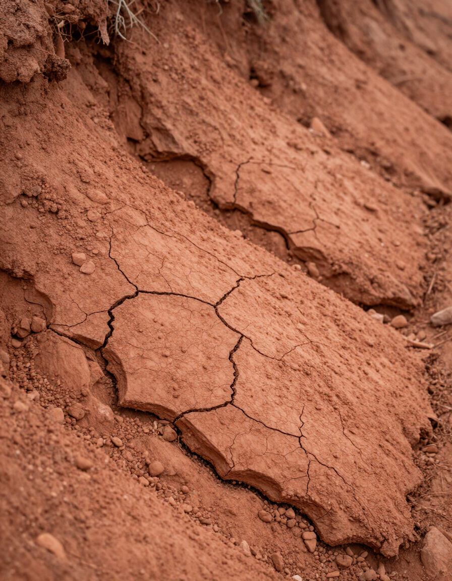 Cracked reddish-brown dry soil on a rocky surface