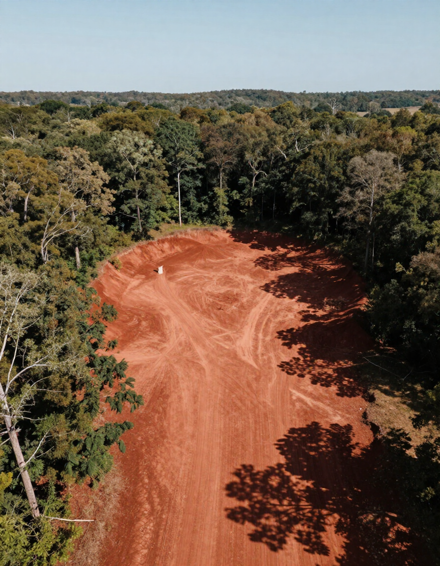Red dirt clearing bordered by dense green forest under a clear sky