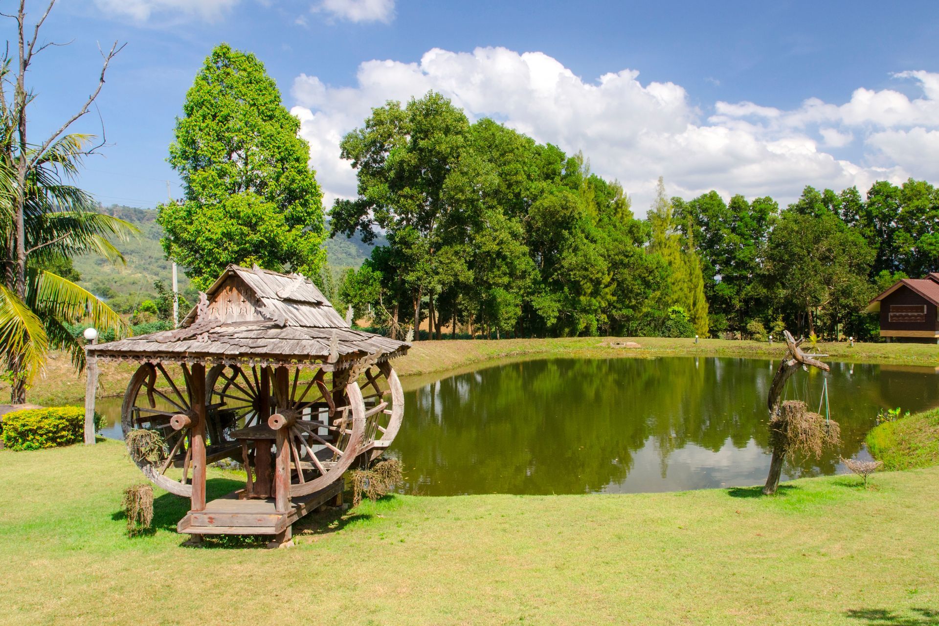 Wooden gazebo beside a calm pond in a green park under a bright blue sky