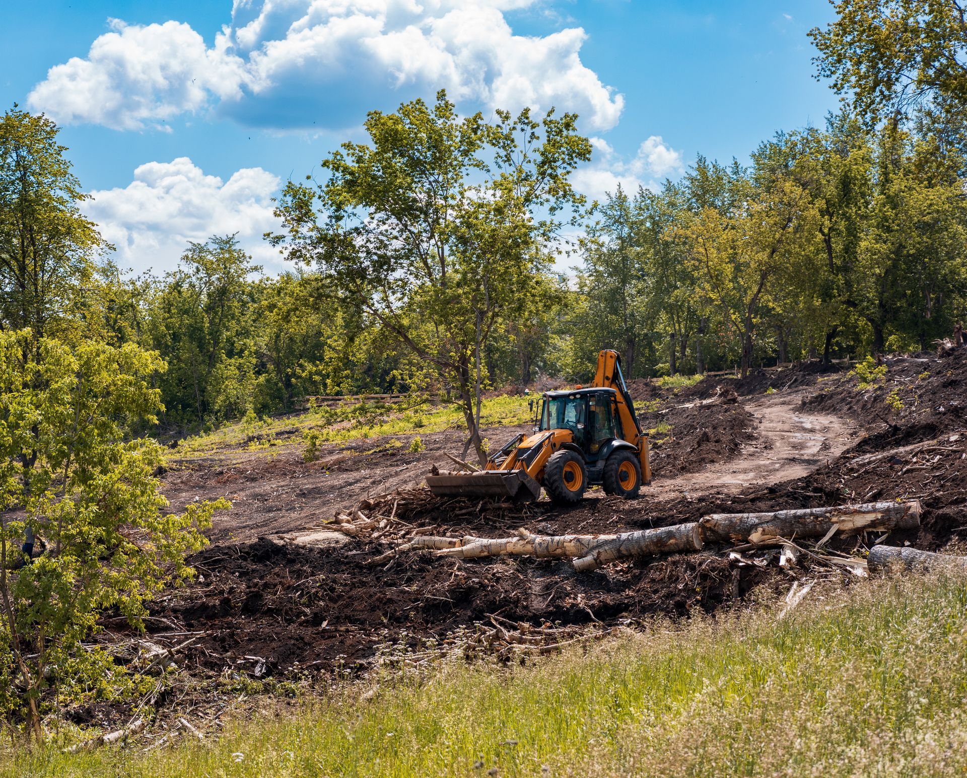 Orange tractor clearing a dirt field under a blue sky with trees and clouds