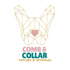 Gold geometric dog head logo with pink heart and “Comb & Collar Daycare & Grooming” text on white background