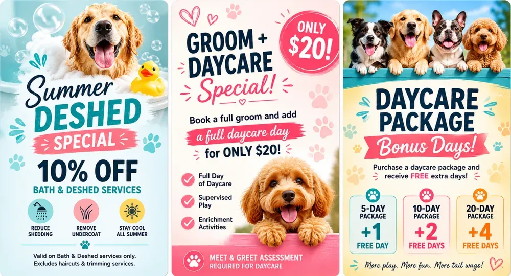 Three colorful dog daycare promo flyers advertising summer deshed, groom special, and daycare package deals