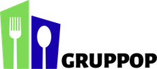Un logo con una forchetta verde chiaro e un cucchiaio blu scuro su sfondi stilizzati, seguito dalla scritta nera 