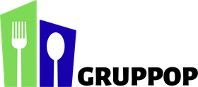 Un logo con una forchetta verde chiaro e un cucchiaio blu scuro su sfondi stilizzati, seguito dalla scritta nera 
