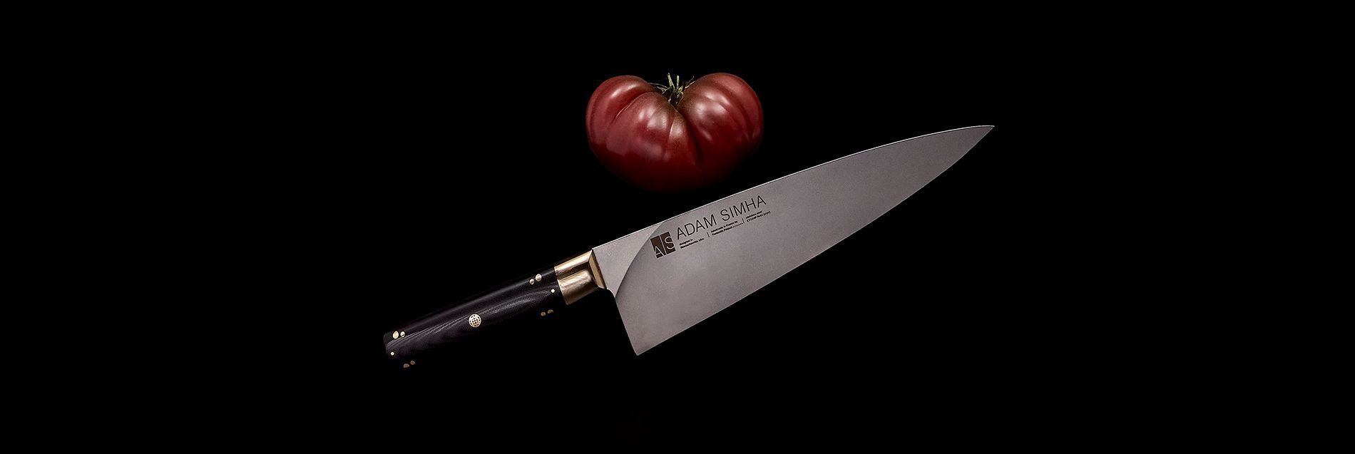 Adam Simha Chefs Knife Black Handle with Tomato