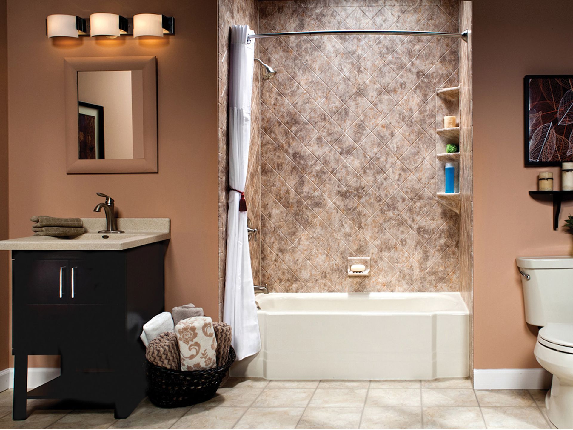 Bathroom with dark vanity, bathtub, shower curtain, and white tile floor