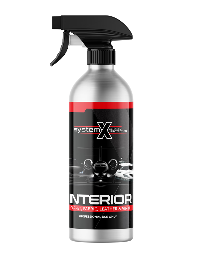 Silver spray bottle of System X Interior cleaner for carpet, fabric, leather, and vinyl.