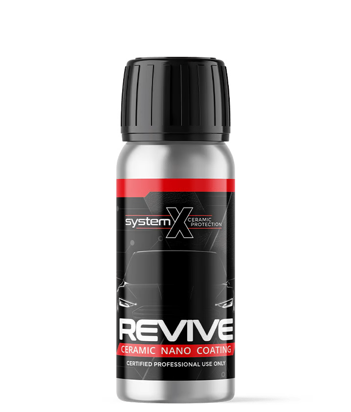 Silver and black System X Revive ceramic nano coating bottle with red accents.