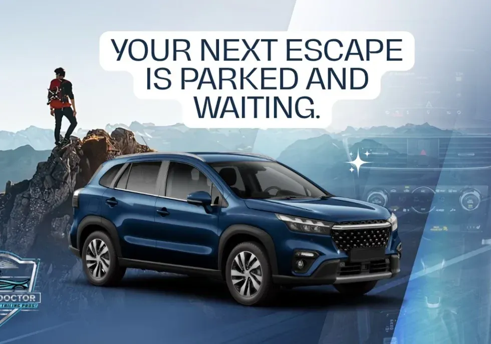 Blue SUV parked near mountains; person with backpack on mountain peak. Text:
