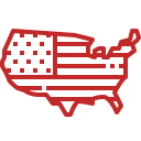 Red outline of the United States map with the American flag superimposed.