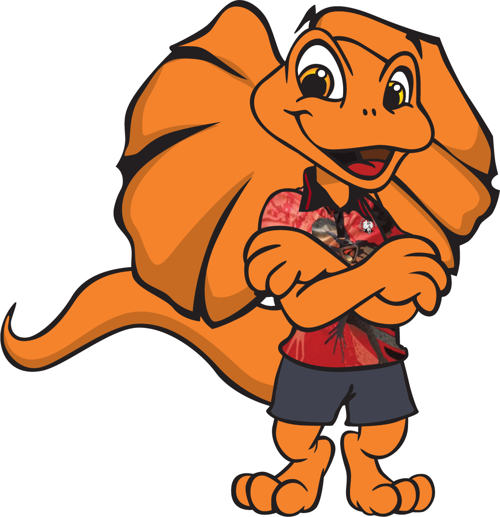 Cartoon orange frilled-neck lizard in shorts, shirt, arms crossed, smiling.